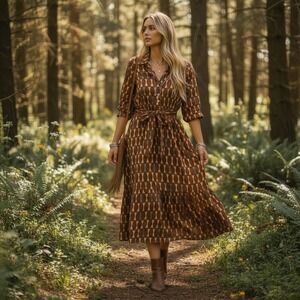 Mod's Mahal Brown India Block Print Geometric Cotton Tiered Midi Dress‎ XS